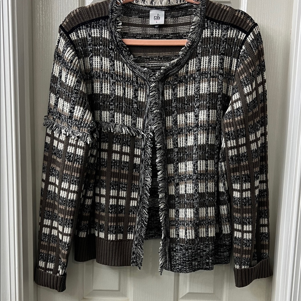 CAbi Brown, Cream & Black Plaid Fringe-Trim Cardigan